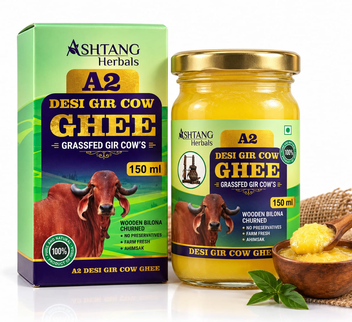 Ashtang Herbals A2 Desi Gir Cow Ghee | Grass-Fed Gir Cow Ghee | Traditional Bilona Churned | 100% Pure Ghee
